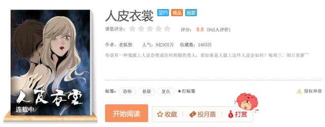 即将改编成真人影视剧的《人皮衣裳》，在腾讯动漫已经突破了9亿次的点击
